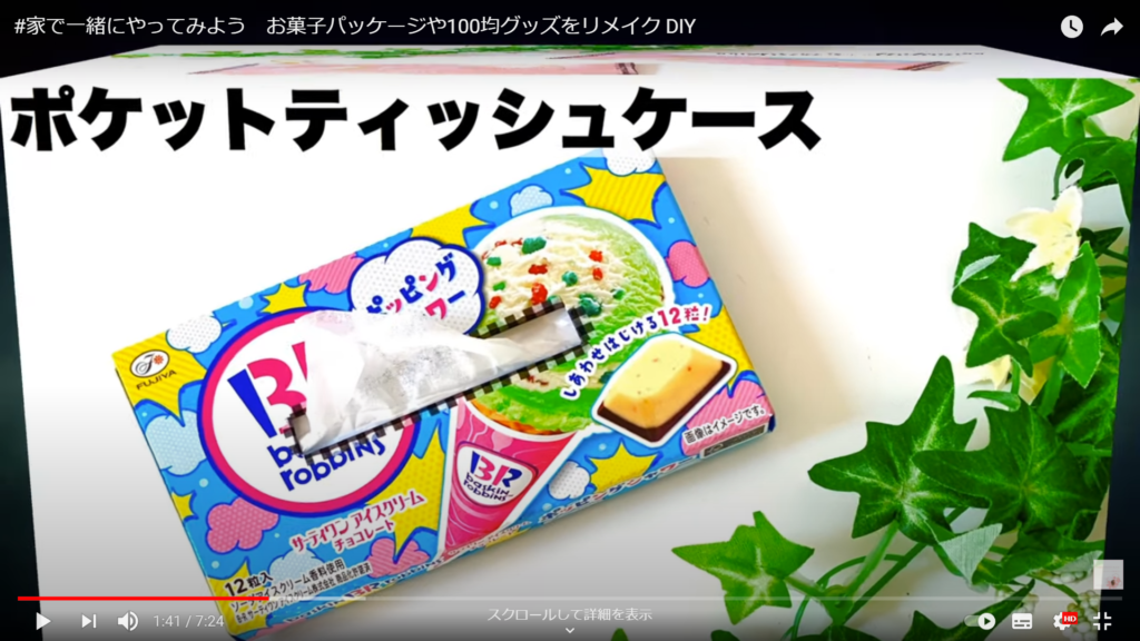 お菓子の箱を使ったティッシュケースで、サーティワンアイスクリームの柄のサンプル画像です。