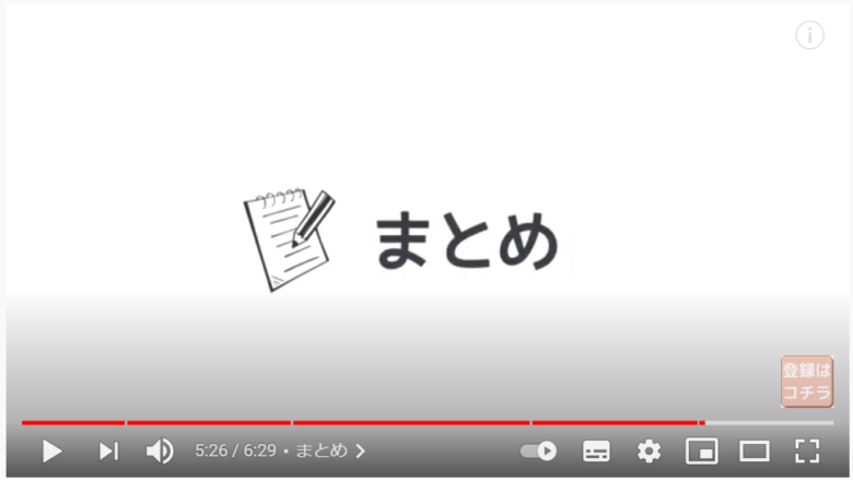 動画の内容をまとめる場面。白い画面上に「まとめ」というテロップが表示されており、文字の前にはメモ帳と鉛筆のイラストが入っている。