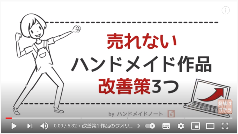 動画の導入部場面。白い画面上にチャンネルのキャラクターがポーズを決めるイラストがあり、「売れないハンドメイド作品・改善策3つ」という動画タイトルが表示されている。