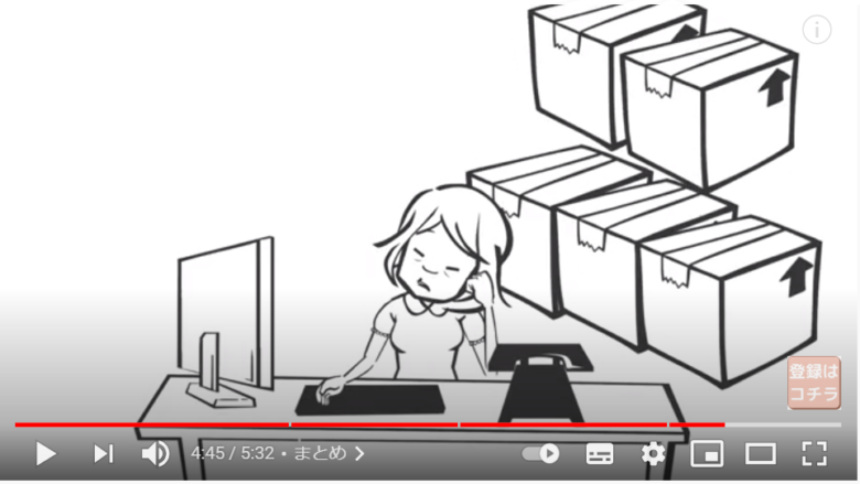 動画投稿者がによる励ましの言葉を述べる場面。画面には、つまらなそうな表情の女性がパソコンの置いてあるデスクに着き、その背後に段ボールの山があるというイラストが表示されている。