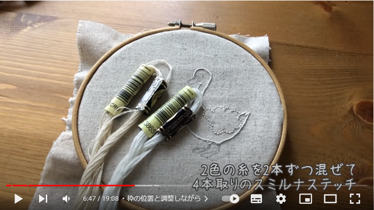 スミルナステッチに使う刺繍糸を2色取り出し刺繍糸に通している様子
