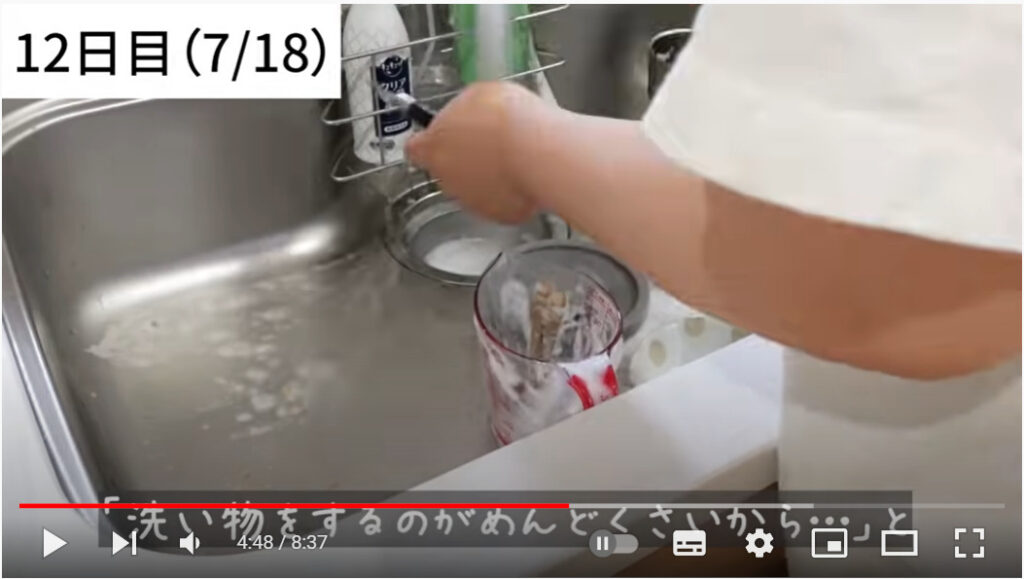 12日目、ももかさんが洗い物をしている写真です。シンクの中で、透明の計量カップに泡がついています。