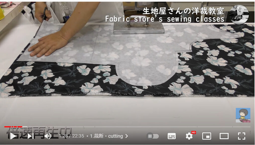 黒地に白の花柄模様の布地の上に、型紙を置いて裁断している写真です。型紙の上に重しを乗せています。
