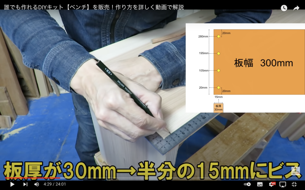 4つのビスを打ち込む位置を解説した図を紹介しながら、カミヤさんがビスを打ち込む箇所をサシガネで測り、鉛筆で印をつけている画像。