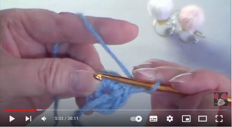 金色のかぎ針と水色の毛糸を使ってアイスクリーム部分を編んでいるところ
背景に白と薄ピンクのアイスクリームが立てて置いてある画像