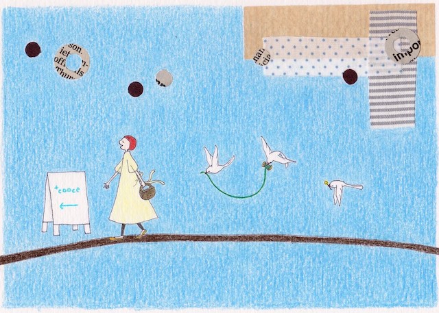 蛭田さんのショップ「+cooce」へ向かう女性と鳥が描かれている画像です。