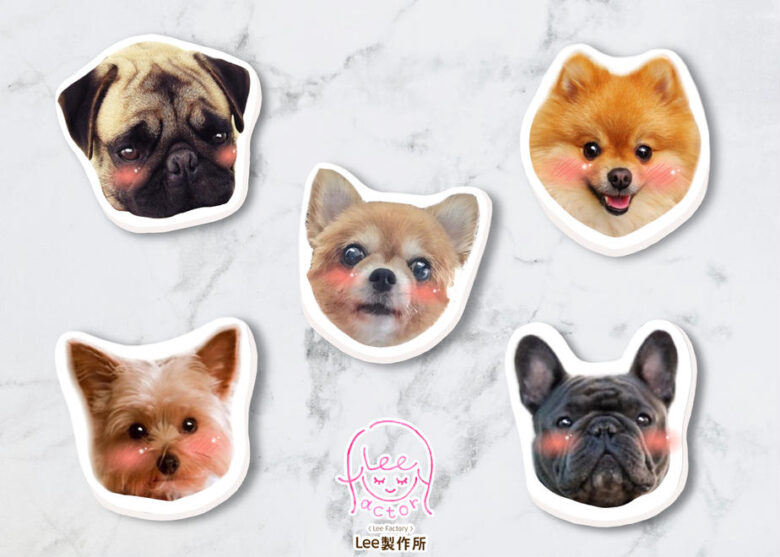 「ビッグフェイスマグネット」という商品の写真。マグネットになった犬の顔が5つ並んでいる。