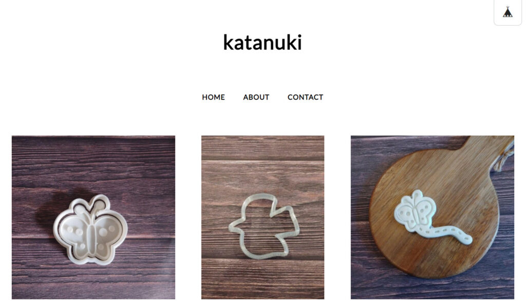 水野絵美さんが運営するネットショップ「katanuki」のトップ画像です。ちょうちょ、鳥、飛んでいるちょうちょのクッキー型が並んでいます。