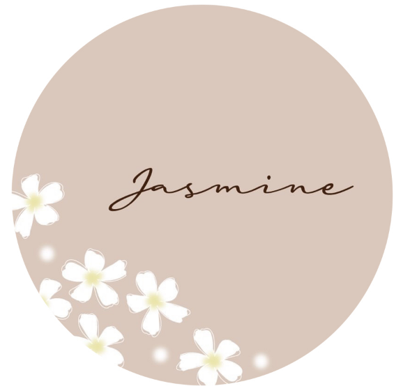 Jasmine ~名入れ＆ベビーグッズ~のトップ画像。ピンクの円の中に花の絵とショップ名が記載されている。
