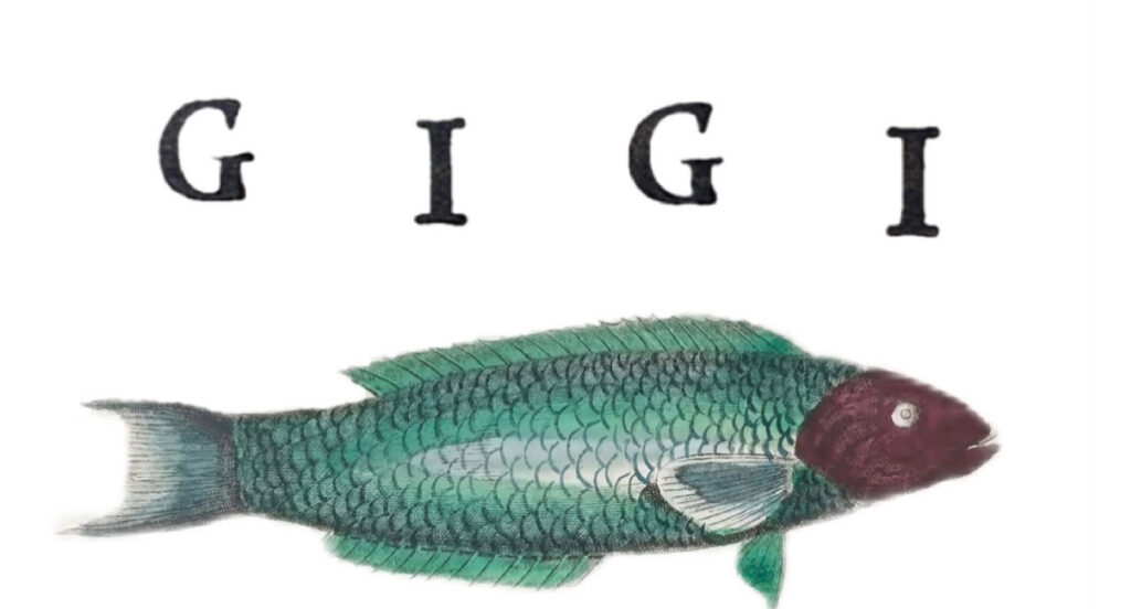 松田祥子さんのショップGIGIのトップ画像、魚の絵の上にロゴが描かれている