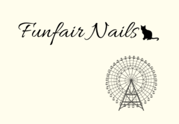 田澤めぐみさんのショップFunfair Nailsのトップ画像、白背景にショップ名と猫、観覧車の絵が描かれている