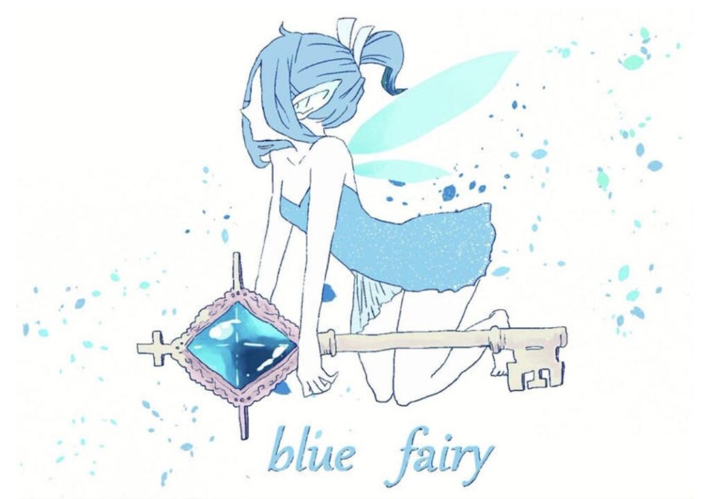 和田直美さんのウェブショップのトップ画像です。画像の中心にはポニーテールの妖精が、鍵を持って飛んでいるイラストが描かれています。妖精の下には、水色でシンプルに店名のロゴがデザインが描かれています。全体的に青や水色で、きれいにまとめられたトップ画像になっています。
