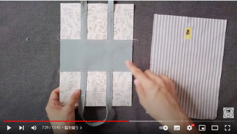 ポケット、持ち手、底布を縫い合わせた本体と裏地があります。本体と裏地を合わせる説明をしているところです。裏地には表側に表と書いてあるテープが貼ってあります。