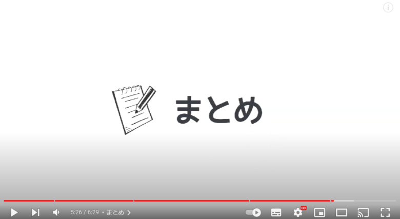動画の内容をまとめる場面。白い画面上に「まとめ」というテロップが表示されており、文字の前にはメモ帳と鉛筆のイラストが入っている。