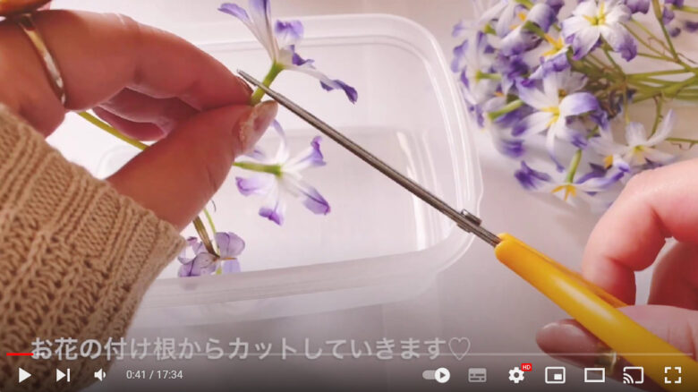 ハサミを使って花を茎の付け根からカットしている様子とお花の付け根からカットしていきますの字幕の画像