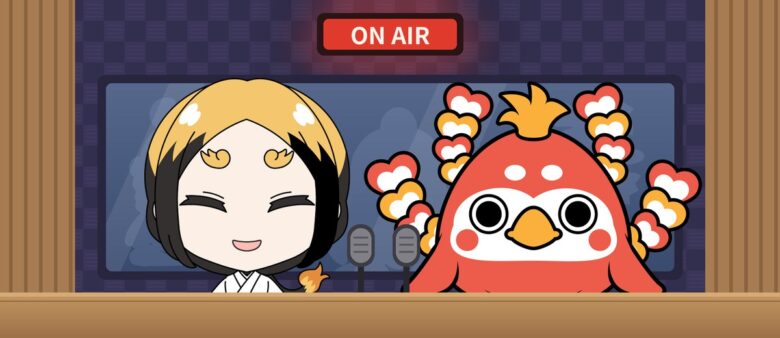 収録ブースの平安きりんと、ゲストの朱雀なえもん